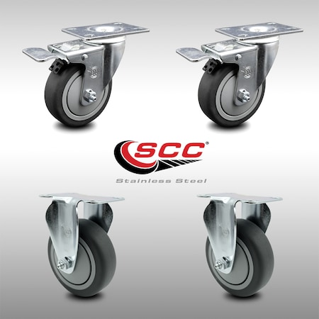 Service Caster 4 Inch SS Thermoplastic Rubber Wheel Top Plate Caster Lock Brake 2 Rigid, 2PK SCC-SSTTL20S414-TPRB-2-R-2
